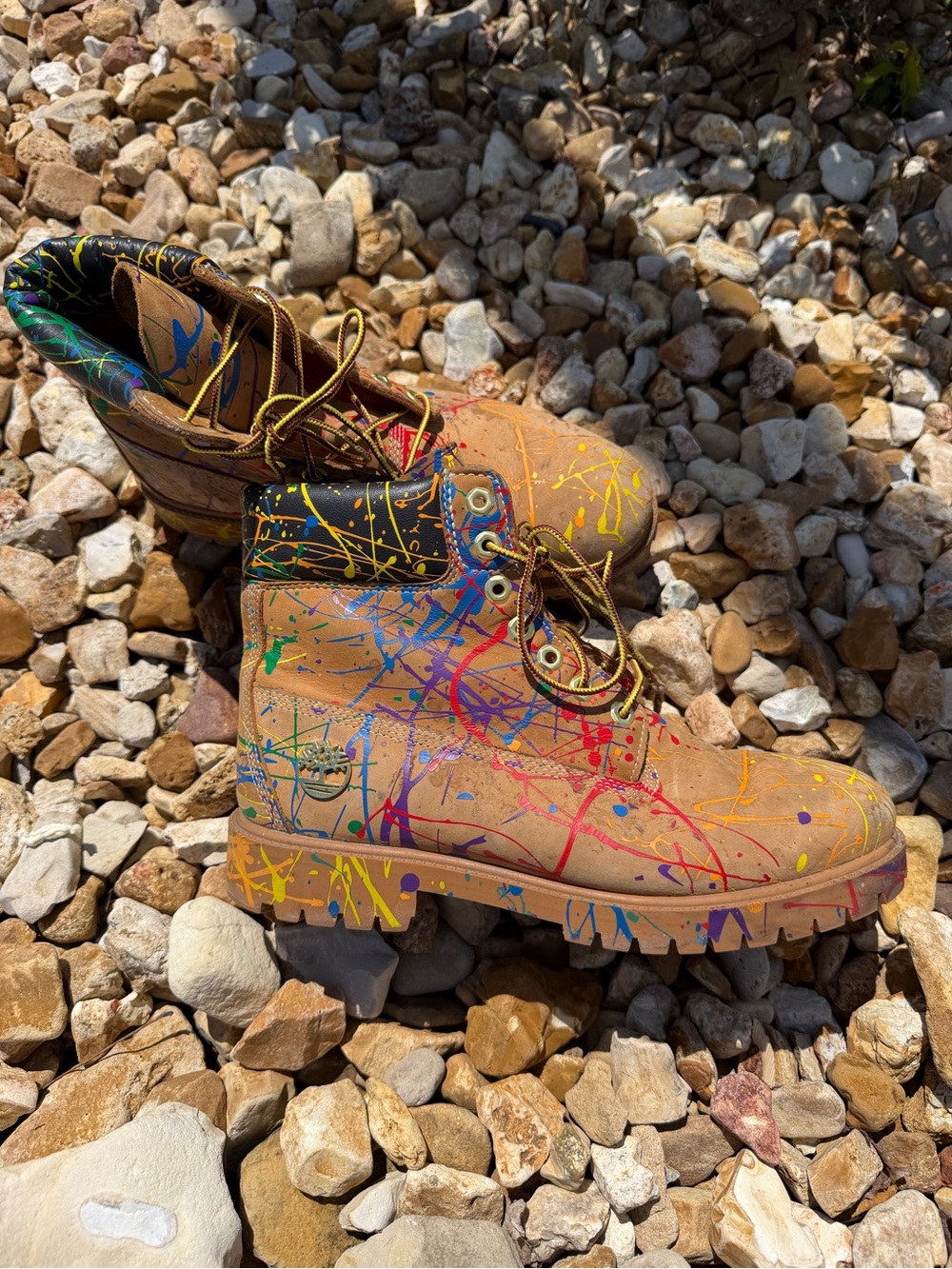 Timberland Painted Tan Work Boots with Multicolor Splatter